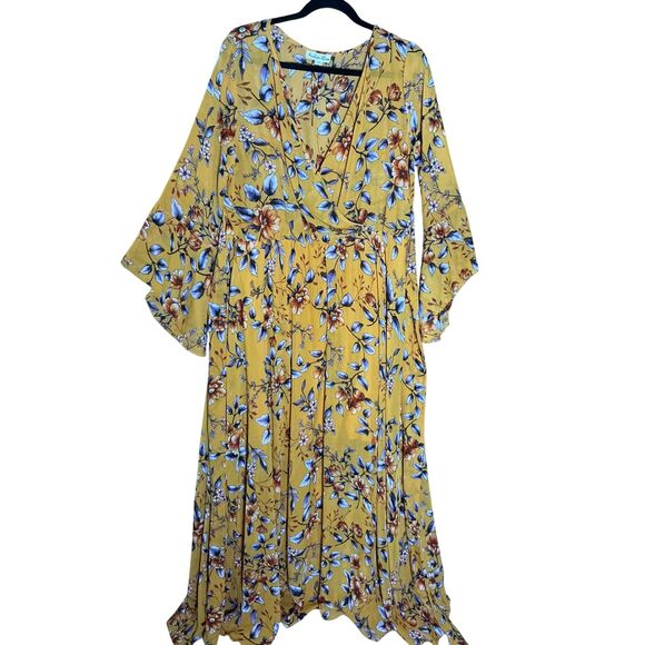 Indigo Rose Yellow Floral Maxi Dress Flutter Sleeve V Neck Wrap Belted XL - Picture 1 of 10